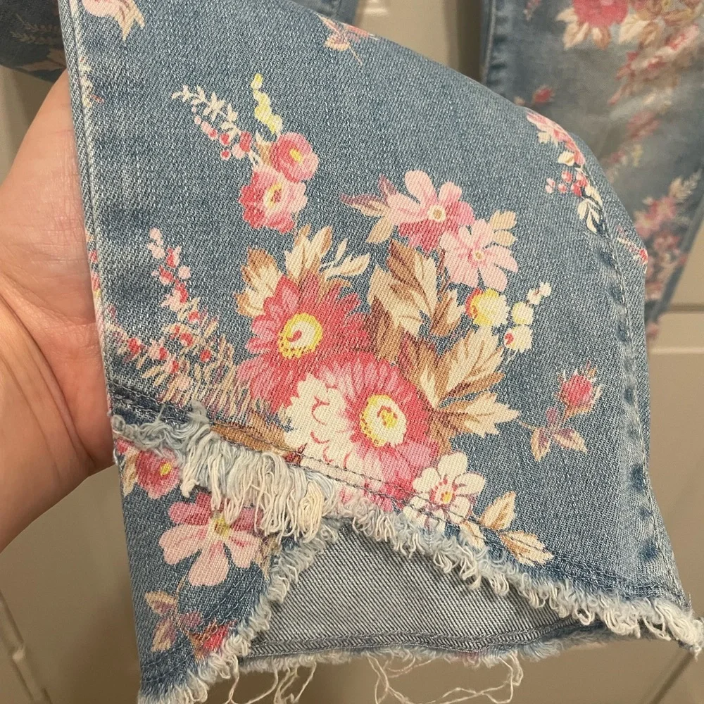 GAP Kid's Floral Light Denim Jeans, Soft Pink Vintage Flowers, Stretch, Raw Hem